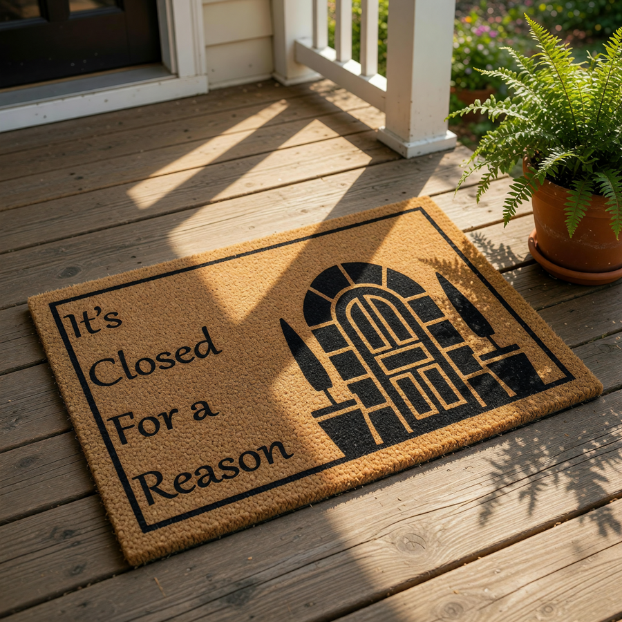 Funny door mat with It's Closed For a Reason text and a black arched door graphic, this natural coir fiber welcome mat is a durable outdoor floor rug for your front porch entry, home decor, or a humorous housewarming gift idea.