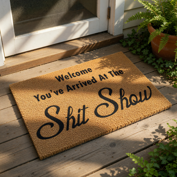 Funny Welcome You've Arrived At The Shit Show doormat featuring bold black text on a natural brown coir fiber mat, perfect for a humorous front porch entry, housewarming decor, or a sarcastic home entrance floor rug for your