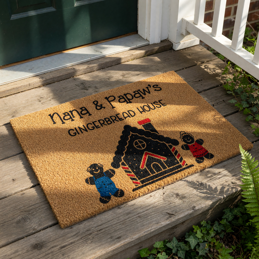 Personalized Nana and Papaw gingerbread house doormat featuring a festive holiday welcome mat design with cute cookie characters, perfect for a cozy Christmas porch decor entrance for grandparents during the winter holiday season.