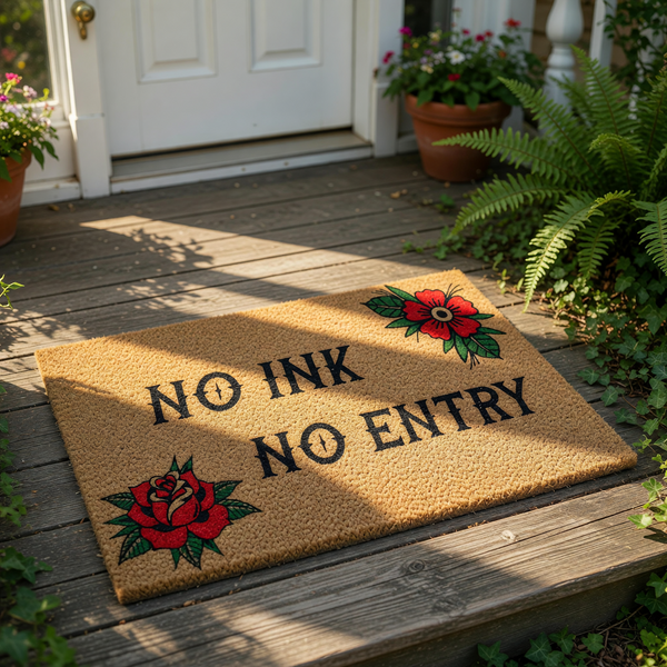 No Ink No Entry doormat with traditional tattoo style red rose illustrations on a natural coir fiber welcome mat, featuring bold black lettering for a funny front porch rug that is perfect for tattoo lovers and home decor