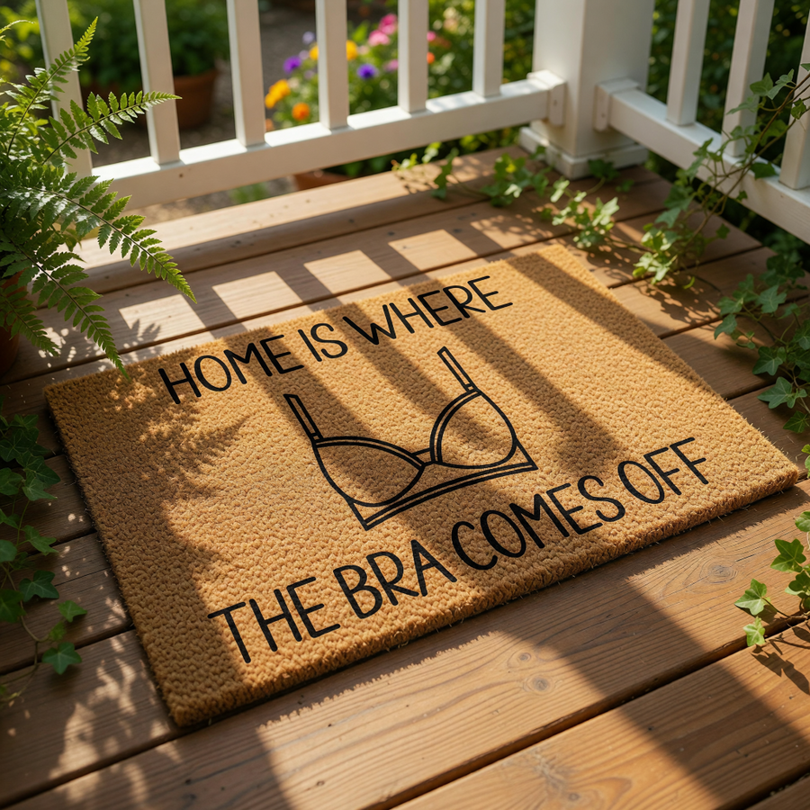 Funny doormat with a bra illustration and the text Home Is Where The Bra Comes Off, this natural coir fiber welcome mat is a humorous front porch decor piece for women who love relatable home decor and funny housewarming gifts.