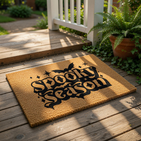 Spooky Season coir doormat featuring a black bat and star design on a natural fiber welcome mat, perfect for fall porch decor and Halloween entryway floor mats that add a festive touch to your home entrance during the autumn