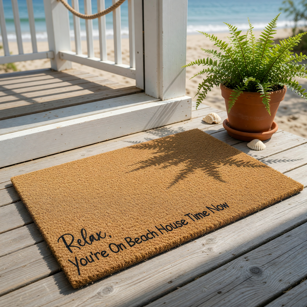 Beach house doormat with natural coir fiber texture, featuring the printed text Relax, You're On Beach House Time Now, making this a stylish outdoor welcome mat for your coastal home decor, front porch, or vacation rental