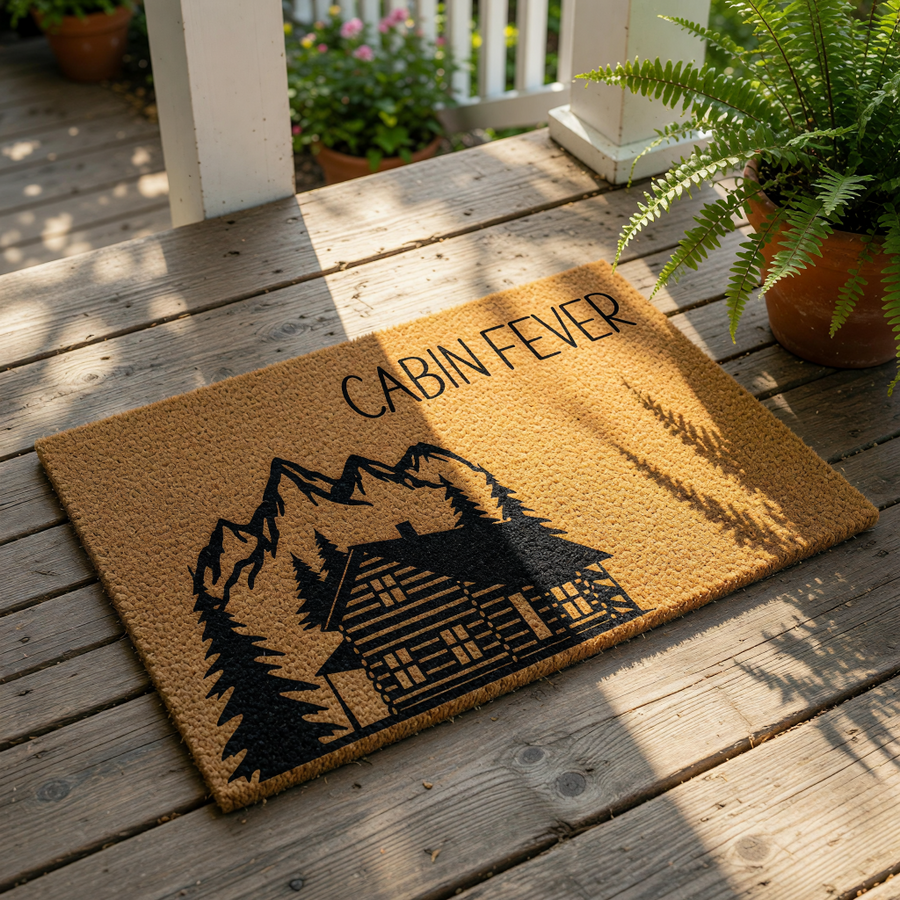 Cabin Fever coir doormat featuring a black mountain and log cabin graphic, this natural fiber welcome mat is a rustic outdoor floor rug for a mountain home, lake house, or lodge entrance decor with a durable non-slip backing.