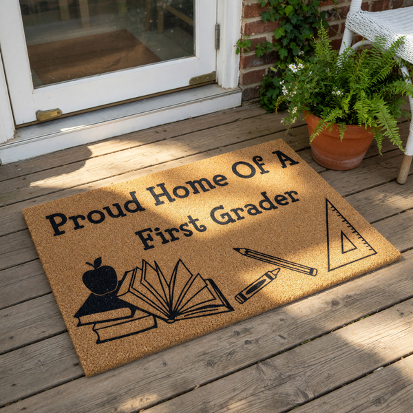 Proud Home Of A First Grader doormat featuring school supplies like books, an apple, a pencil, and a ruler, this natural coir welcome mat is a fun back to school porch decor piece for parents of elementary school students.