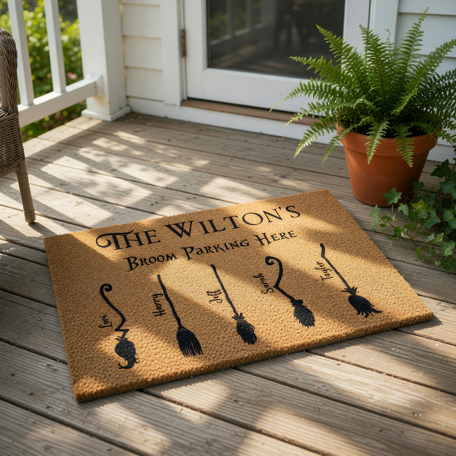 Personalized family broom parking doormat featuring a natural coir texture with black ink graphics of five unique witch brooms, perfect for a fun front porch welcome mat or a custom housewarming entry rug for any fantasy fan home.