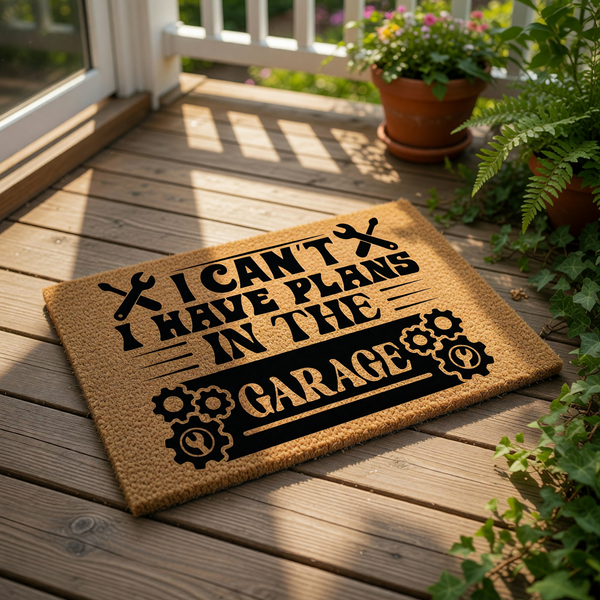 Garage themed coir doormat featuring the text I Can't I Have Plans In The Garage with wrench and gear icons, this durable natural fiber welcome mat is a funny home decor piece for any mechanic, handyman, or car enthusiast front