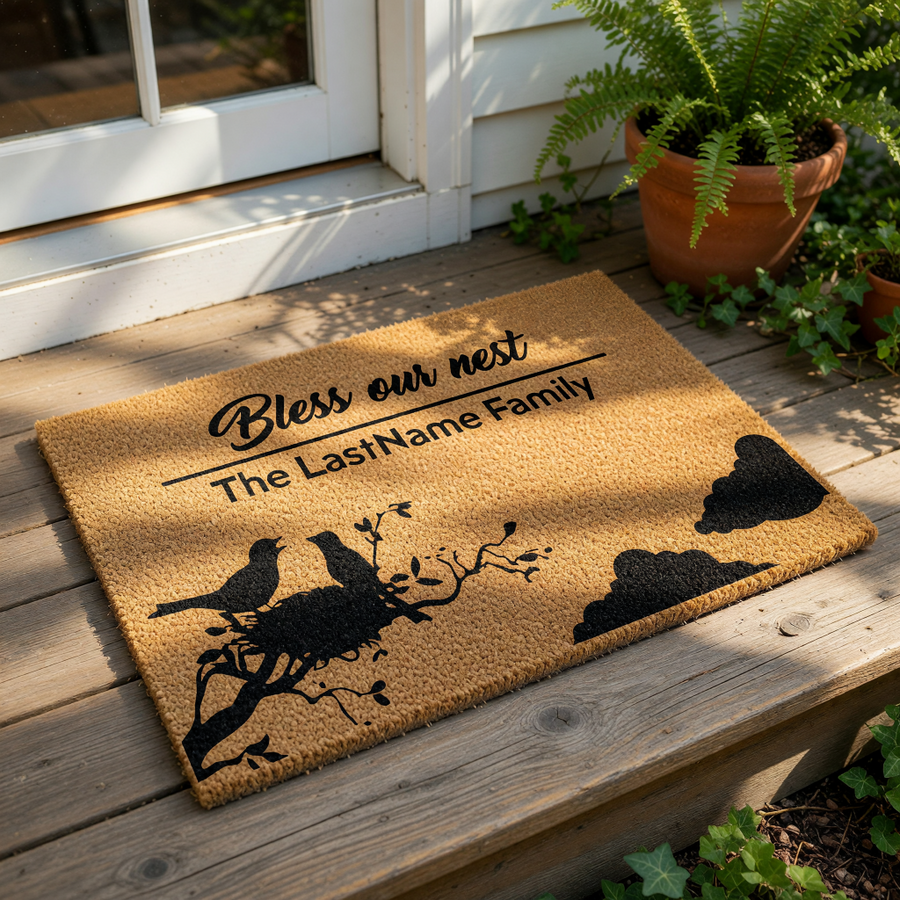 Personalized Bless Our Nest family doormat with a bird and nest design on natural coir fiber, this custom welcome mat features a housewarming design for front porch decor and makes a unique housewarming or wedding home entrance