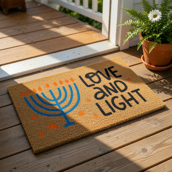 A mat with a stylized menorah design and the text "LOVE AND LIGHT" printed on it.