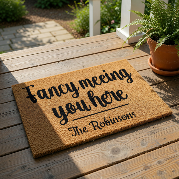 Personalized family name doormat featuring the phrase Fancy meeting you here in black script on a natural coir fiber welcome mat, perfect for a custom front porch entrance or housewarming decor for any new home or apartment
