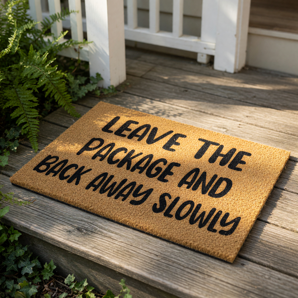 Funny Leave The Package And Back Away Slowly doormat, a natural coir fiber welcome mat with bold black text for your front porch, entry, or home decor, making a humorous statement for delivery drivers and guests at your front