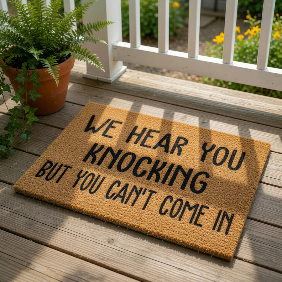 Funny doormat with the text We Hear You Knocking But You Can't Come In, featuring a natural coir fiber texture for a front porch welcome mat that serves as a humorous home decor piece for your entryway or housewarming door decor.