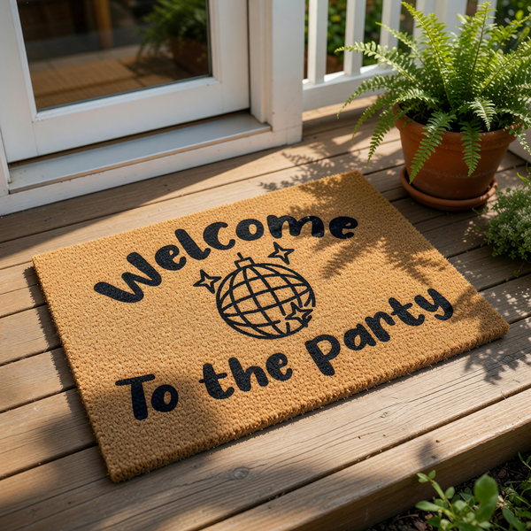 Welcome to the party doormat featuring a disco ball graphic on natural coir fiber, this fun front porch welcome mat is a stylish housewarming decor piece for any home entrance or apartment door that loves a retro disco party vibe.