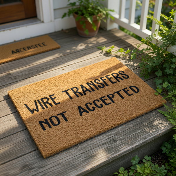 Funny Wire Transfers Not Accepted doormat made of natural coir fiber, featuring bold black text on a textured brown background for a humorous front porch welcome mat that serves as a unique home decor piece for your entryway or