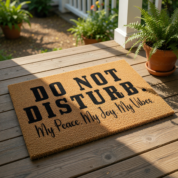 Do Not Disturb coir doormat with funny quote My Peace My Joy My Vibes, a natural fiber welcome mat for front porch decor that features bold black typography on a textured brown background for a stylish home entrance floor rug.