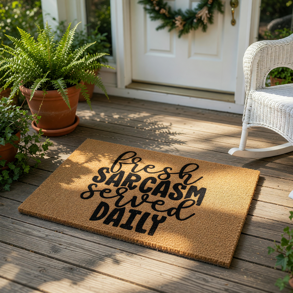 Funny doormat with the text fresh sarcasm served daily in black script and bold lettering on a natural coir fiber welcome mat, perfect for a humorous front porch entry or a sarcastic home decor statement for your house entrance.