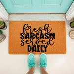 Funny Sarcasm Welcome Doormat with bold black text on a natural coir fiber mat, featuring a humorous quote for your front porch decor that adds a witty touch to your home entrance and entryway floor mat collection.