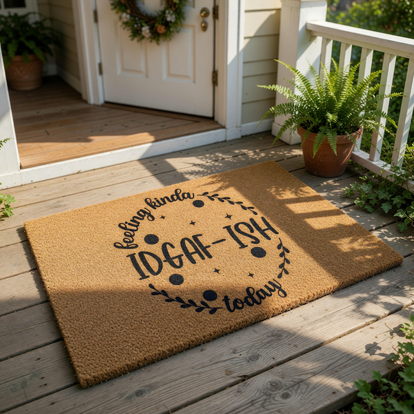 Funny doormat with the text feeling kinda IDGAF-ish today, a sarcastic welcome mat made of natural coir fiber with a black printed design, perfect for a front porch, entryway, or apartment door decor for those with a bold sense