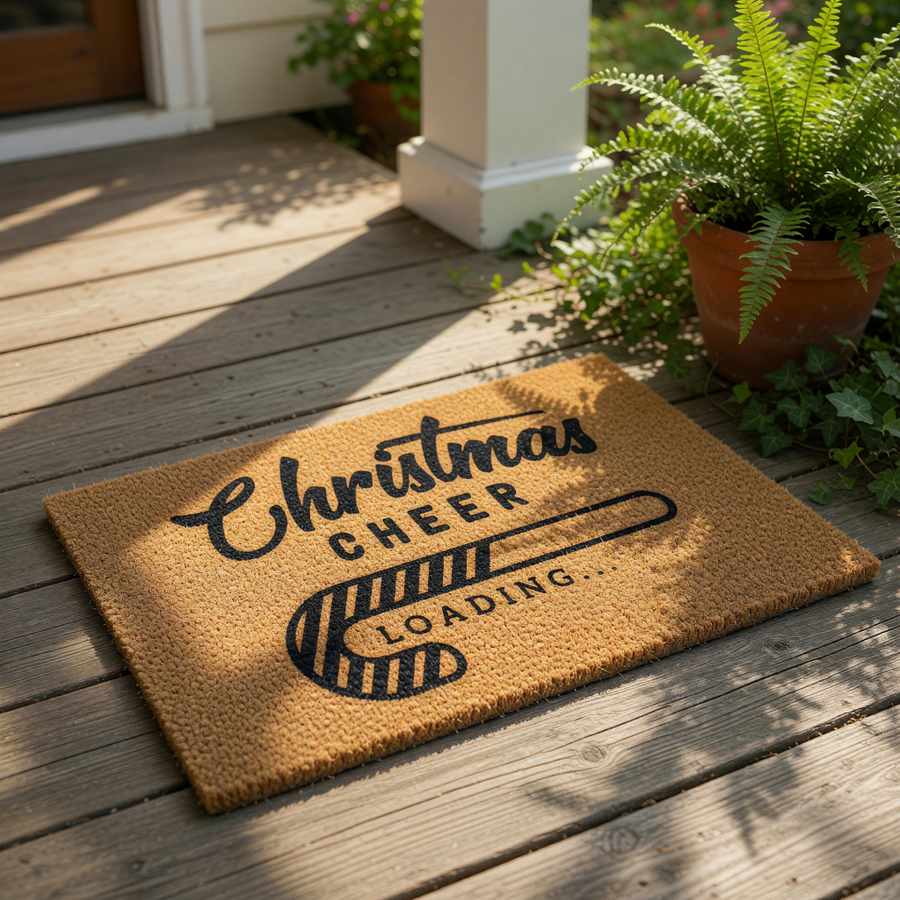 Christmas Cheer Loading candy cane doormat with a natural coir texture, featuring a festive holiday welcome mat design for your front porch decor that adds a fun seasonal touch to your home entrance during the winter holidays.