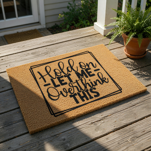 Funny Hold On Let Me Overthink This doormat featuring bold black typography on a natural coir fiber welcome mat, perfect for a humorous front porch decor entrance or a quirky housewarming gift for a new home owner.