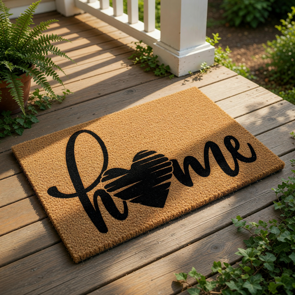 Home heart doormat featuring a natural coir fiber texture with bold black script lettering and a stylized heart design, making this a durable outdoor welcome mat for your front porch entry or housewarming decor.