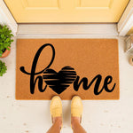 Home heart doormat with natural coir fiber texture, featuring a stylish black script design for a front porch entrance, this durable outdoor welcome mat adds a decorative touch to any entryway or house decor for a warm home look.