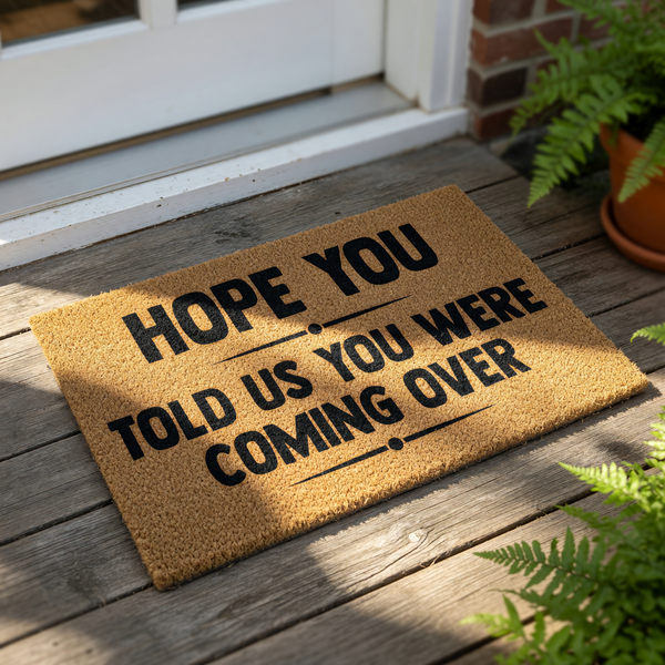 Funny doormat with the text Hope You Told Us You Were Coming Over, this natural coir fiber welcome mat features bold black lettering and is a humorous front porch decor piece for housewarming or a sarcastic home entryway entrance.