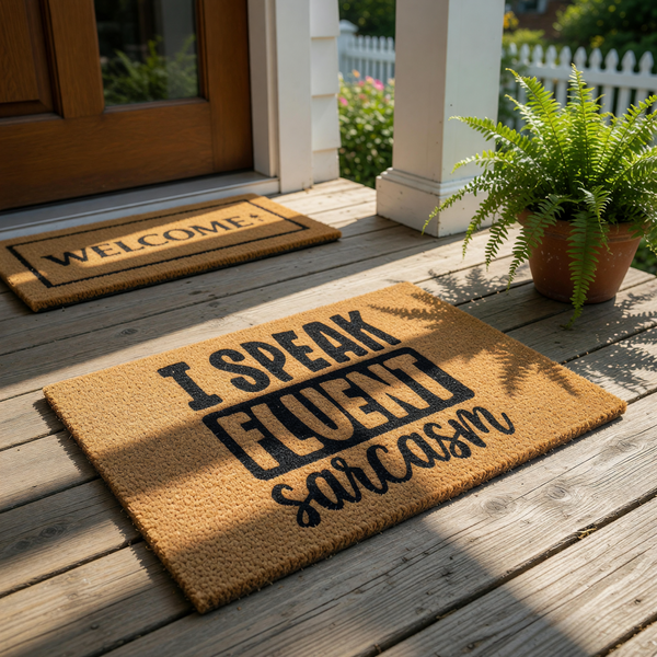 Funny doormat with the text I Speak Fluent Sarcasm printed in bold black lettering on a natural coir fiber welcome mat, perfect for a humorous front porch entry or a sarcastic home decor statement for your house or apartment