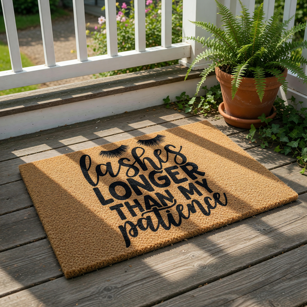 Funny Lashes Longer Than My Patience doormat featuring black text and eyelash graphics on a natural coir fiber welcome mat, perfect for a stylish front porch entry or a humorous home decor statement for any beauty lover or makeup