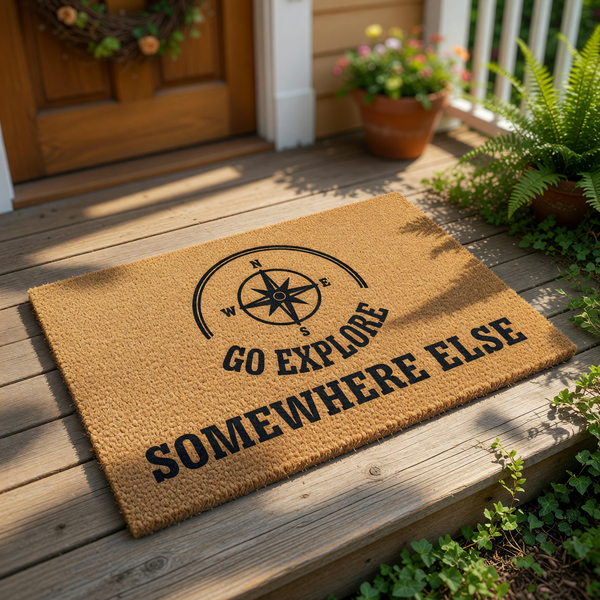 Go Explore Somewhere Else doormat featuring a black compass design on a natural coir fiber welcome mat, perfect for a funny front porch entrance rug or outdoor floor mat for travelers and adventure lovers seeking a unique home