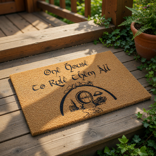 Fantasy home decor doormat featuring a round door illustration and text reading One House To Rule Them All, this natural coir welcome mat is a fun entryway rug for fans of epic adventure stories and unique housewarming door mats.