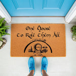 Fantasy home welcome doormat featuring a round door illustration and text, this natural coir fiber outdoor floor mat is a funny housewarming gift for fans of epic adventure stories who love unique home decor for their front porch.