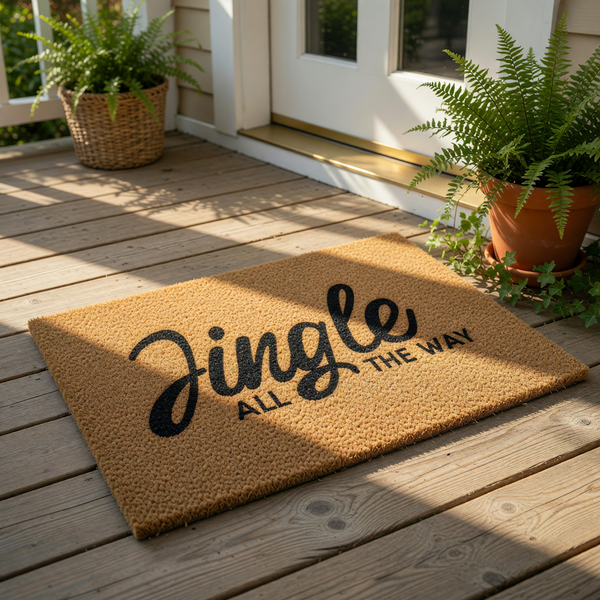 Jingle All The Way Christmas doormat made of natural coir fiber, featuring bold black script text on a textured brown welcome mat surface, perfect for holiday porch decor and festive entryway floor mats for your home entrance.