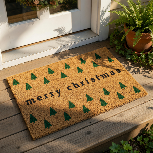 Merry Christmas doormat with green pine tree pattern on natural coir fiber, this holiday welcome mat features festive seasonal decor for your front porch entrance and makes a stylish winter home entryway floor rug for the