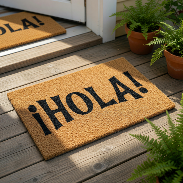 Hola welcome doormat featuring bold black text on a natural tan coir fiber mat, this stylish outdoor entry rug is a durable front porch floor covering that adds a friendly greeting to your home entrance and entryway decor.