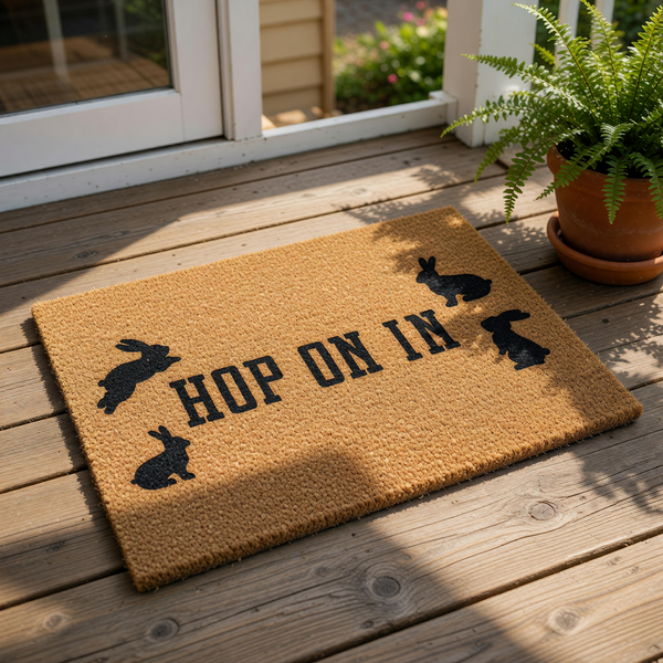 Rabbit welcome doormat with Hop On In text, featuring black bunny silhouettes on a natural coir fiber mat.