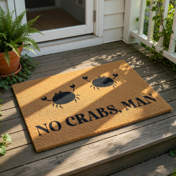 Funny crab doormat with a natural coir fiber texture, featuring two cute black crab illustrations and the text No Crabs, Man printed in bold letters for a coastal, beach house, or nautical themed front porch welcome mat decor.