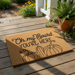 A textured door mat with a humorous text that reads "Oh, my Gourd.