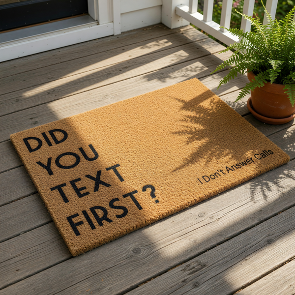 Funny doormat with text Did You Text First I Don't Answer Calls, a natural coir fiber welcome mat for front porch entryways that features bold black lettering on a durable brown textured surface for a humorous home decor entrance.