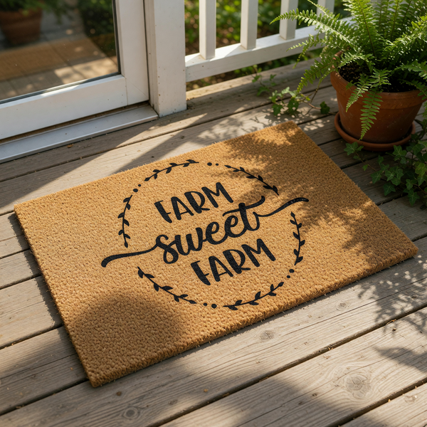 Farm Sweet Farm coir doormat featuring a rustic leaf wreath design, this natural fiber welcome mat is a stylish front porch decor piece for farmhouse entryways, providing a durable and decorative floor rug for your home entrance.
