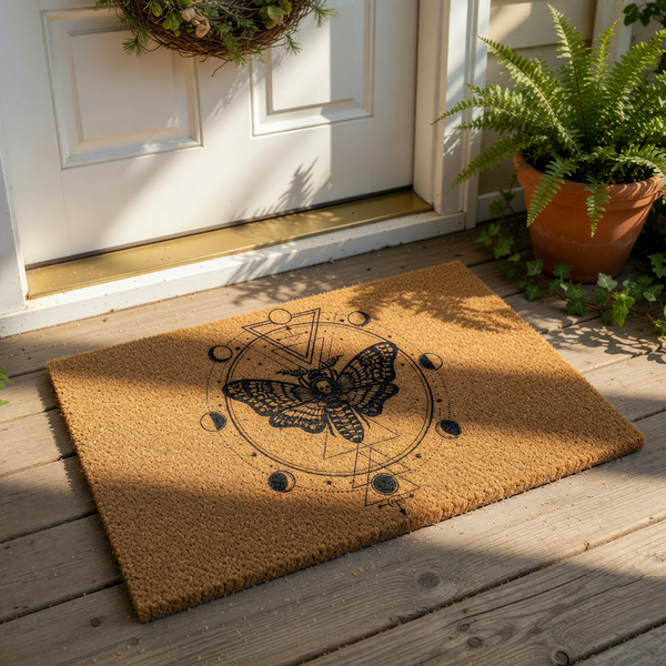 Moth and moon phase doormat featuring a black ink illustration of a death head moth with celestial geometric shapes on a natural coir welcome mat, perfect for a gothic home decor entryway or a mystical outdoor porch floor rug.