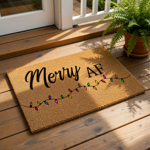 Merry AF funny Christmas doormat with colorful holiday light bulbs printed on natural coir fiber, this rude holiday welcome mat is a festive front porch decor piece for a humorous seasonal home entrance and winter entryway rug.