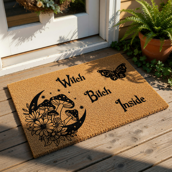 Witch Bitch Inside coir doormat featuring a black printed design of a crescent moon, mushrooms, flowers, and a butterfly, making this funny outdoor welcome mat a perfect gothic home decor piece for your front porch entrance.