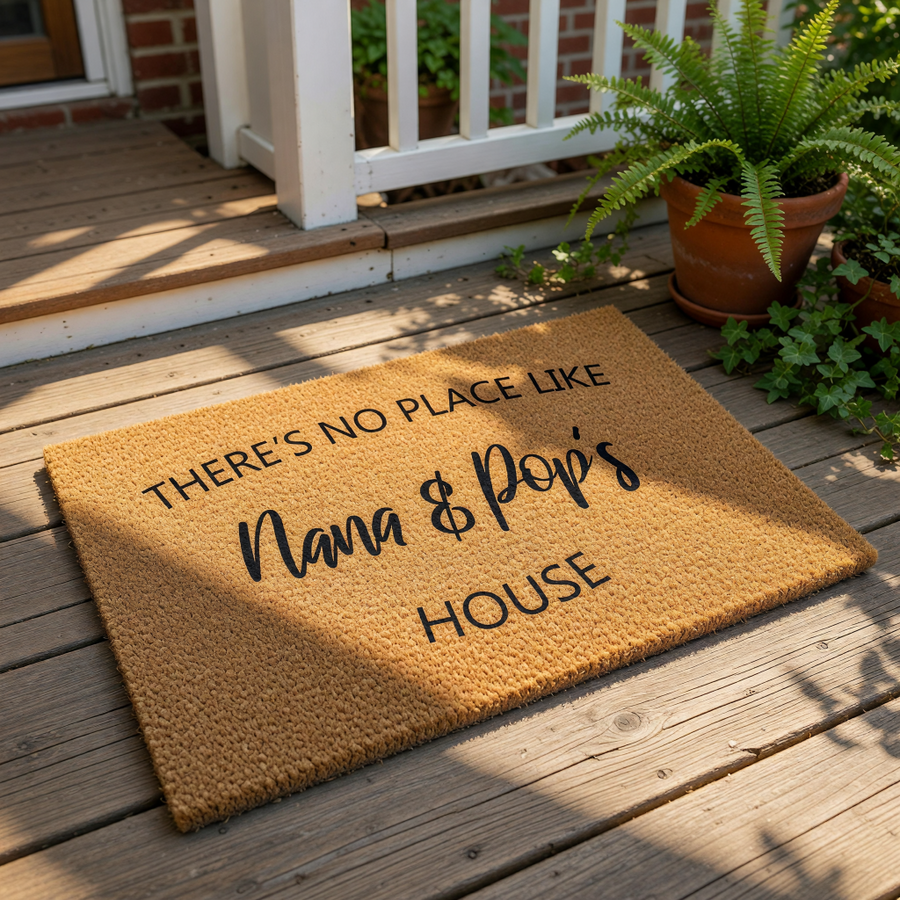 Nana and Pop personalized doormat featuring natural coir fiber texture with black printed text that reads There is no place like Nana and Pop's house, a custom outdoor welcome mat for grandparents and family home entryway decor.