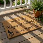 Funny Crystal Lady doormat with moon and gemstone graphics, this natural coir fiber welcome mat features bold text for a boho home entrance, making it a unique housewarming decor piece for any crystal lover or spiritual home
