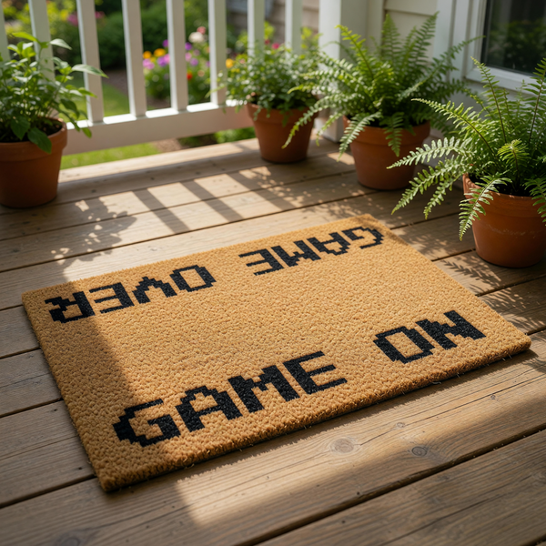 Game Over Game On doormat featuring pixelated black text on a natural coir fiber welcome mat, perfect for a gamer home decor entrance or a fun housewarming front porch rug for video game fans who love retro gaming style floor