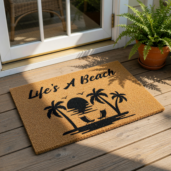 Life's A Beach tropical doormat featuring a black sunset, palm trees, and lounge chairs on a natural coir fiber welcome mat, perfect for coastal home decor, summer porch entryways, and beach house outdoor floor mat entryway rugs.