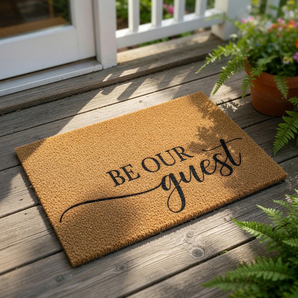 Be Our Guest coir doormat with black script lettering on a natural fiber welcome mat, perfect for a front porch entry, housewarming decor, or a stylish home entrance floor rug that greets visitors with a friendly message.