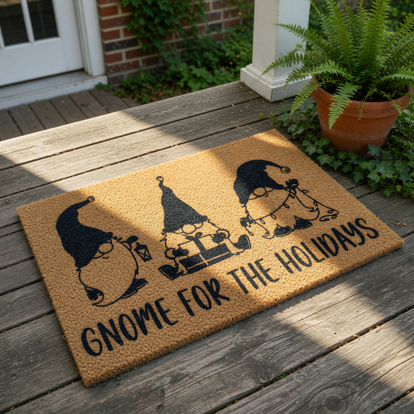 Gnome for the Holidays coir doormat featuring three cute holiday gnomes with lanterns and presents, this natural fiber welcome mat is a festive Christmas front porch decor piece for your home entrance during the winter season.