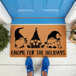 Gnome for the Holidays Christmas doormat featuring three cute gnomes with gifts and lights, this natural coir welcome mat is a festive front porch decor piece for winter home entryways and seasonal holiday housewarming gifts.